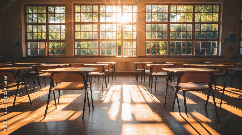 Poster a sunlit classroom with empty desks, creating a peaceful learning environment.