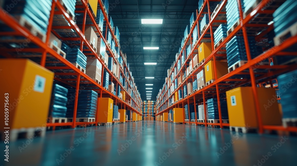 Poster a visual of a large inventory system within a distribution center, with products neatly stacked.