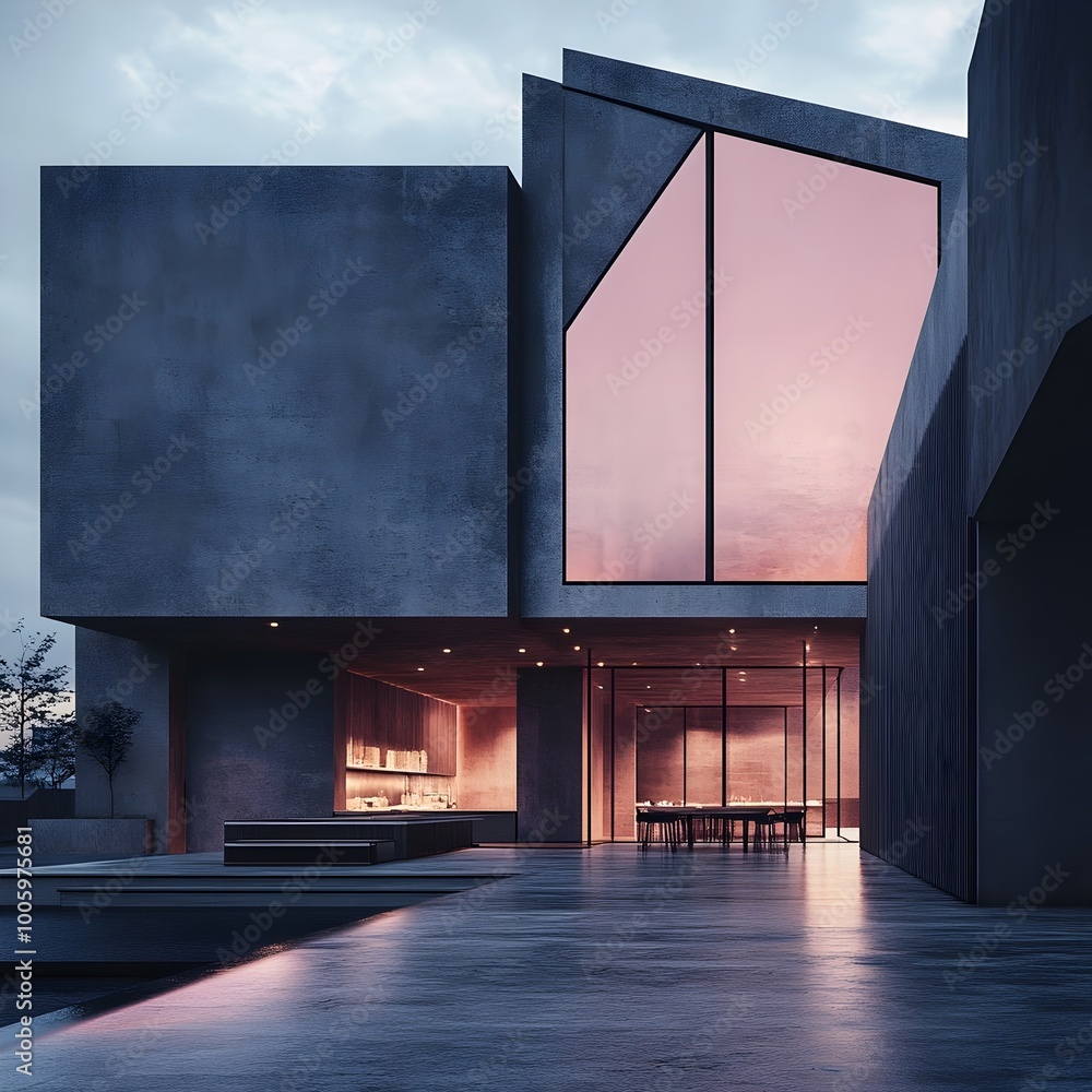 Poster minimalist pastel toned distillery with sharp angular architectural forms smooth surfaces and muted 