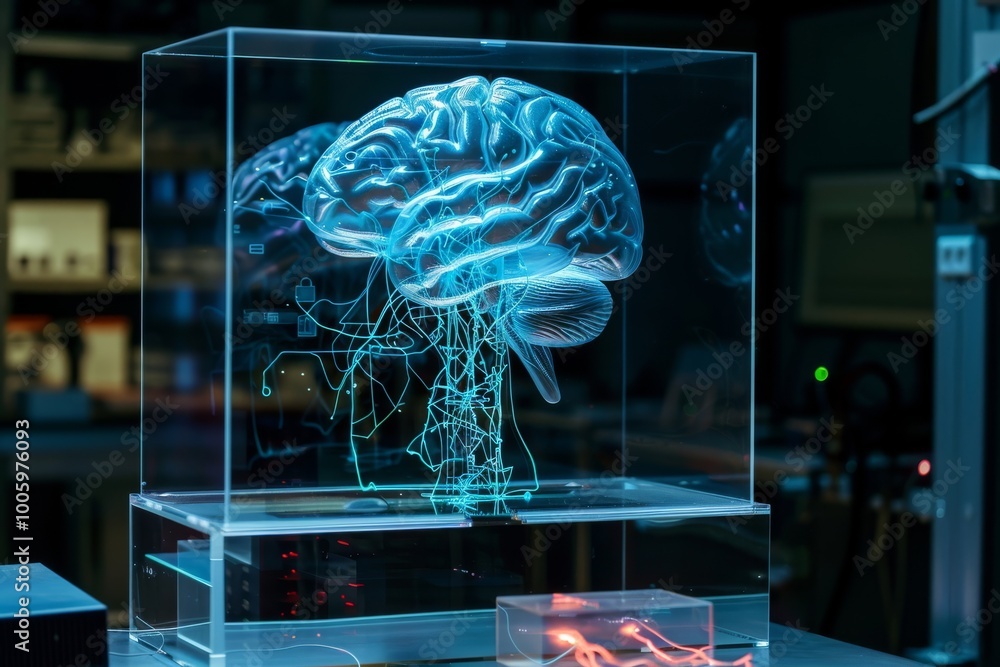 Poster a futuristic illuminated brain model showcasing advanced neural connections in a high-tech laborator