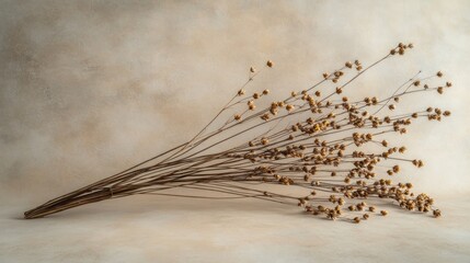 A delicate arrangement of dried branches and seeds on a textured background.