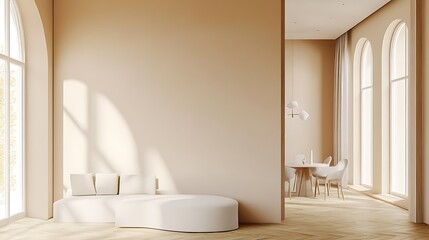  Beige home living room interior with rest and dining zone, window. Mockup wall 