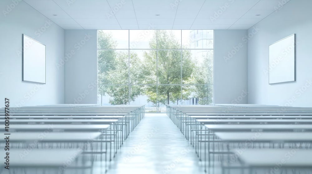 Poster a minimalist classroom with rows of seats and large windows overlooking greenery.