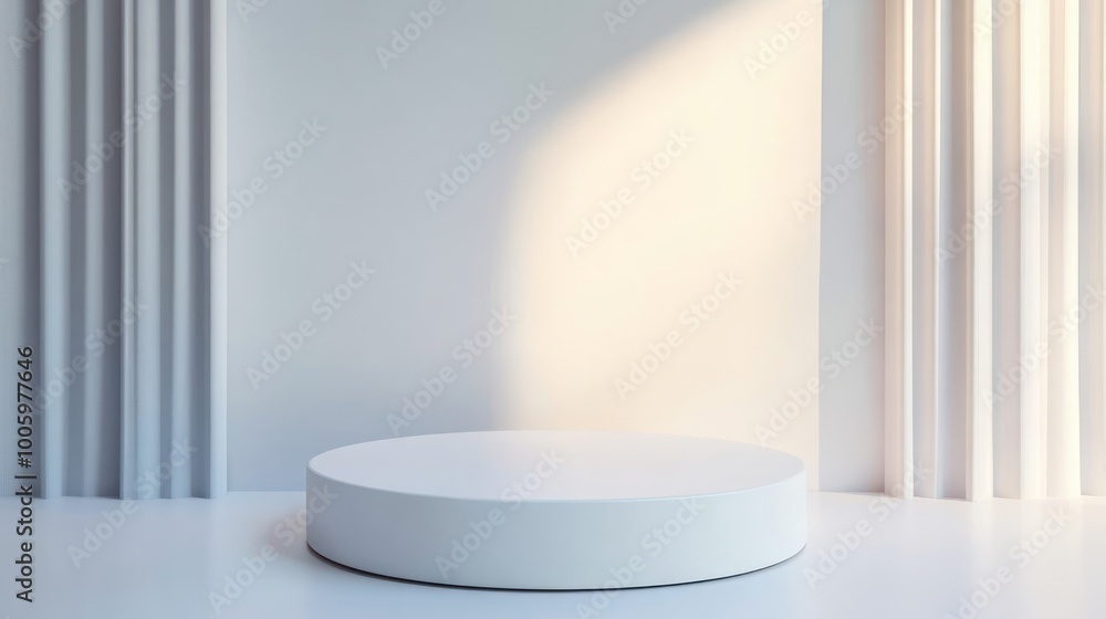 Poster a minimalist display area featuring a circular podium and soft lighting against a neutral backdrop.