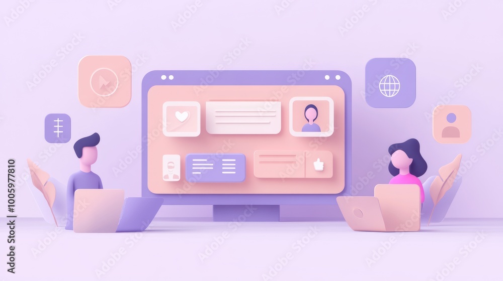 Poster illustration of two people working on laptops with a large screen displaying digital content.