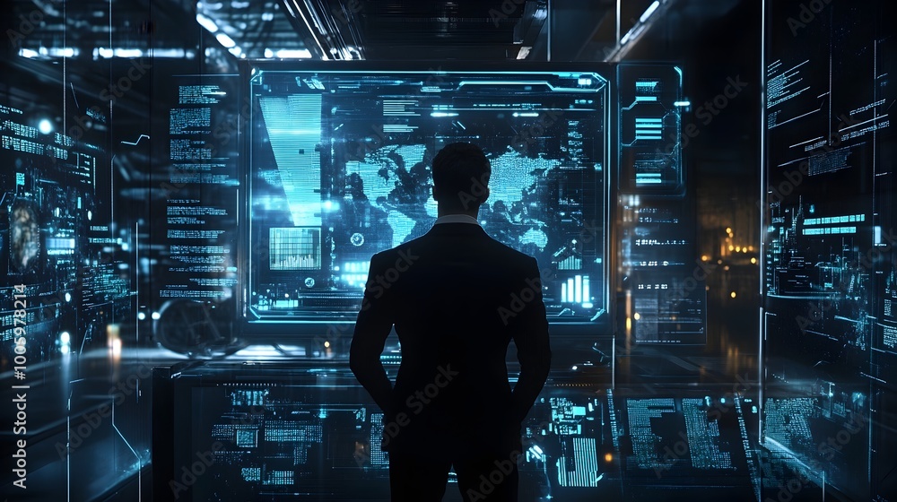 Poster futuristic digital entrepreneur examining sleek holographic data visualizations and business analyti