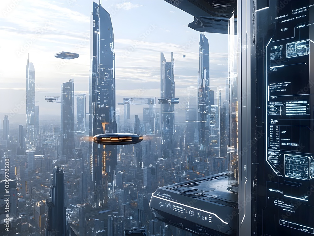 Poster sleek and futuristic cityscape with towering skyscrapers hovering transport pods and cutting edge te
