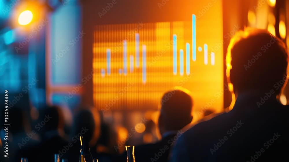 Aufkleber audience viewing a data presentation with vibrant lighting and a digital display.