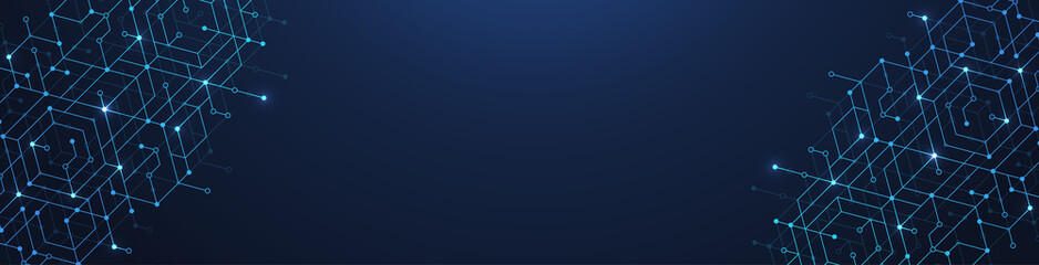 Modern technology illustration with square grid. Technology banner template cubes texture. Digital geometric abstraction with lines and dots