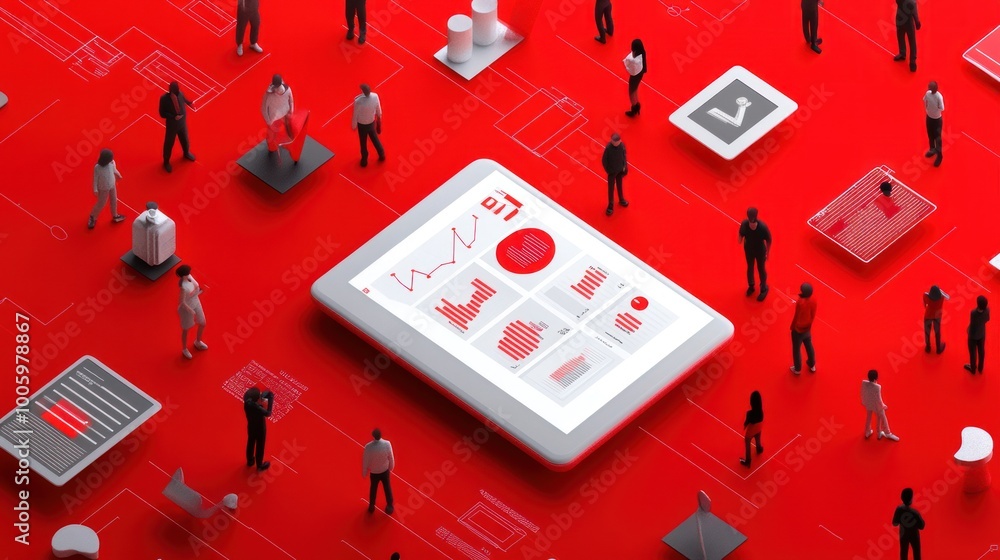 Aufkleber a digital tablet displays data analytics amidst a crowd of diverse figures on a red background.