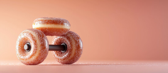 Delightful donut dumbbell on peach background, showcasing creativity and fun