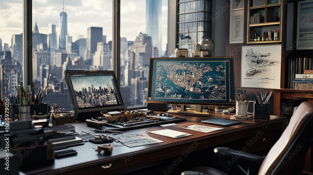Poster a workspace with city views, featuring maps, drawings, and a computer setup.