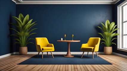 Elegant Blue and Yellow Living Room with Minimalist Decor

