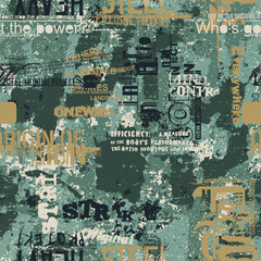 Urban street art graffiti patchwork with camouflage background abstract grunge vector seamless pattern for fabric shirt wallpaper poster sticker