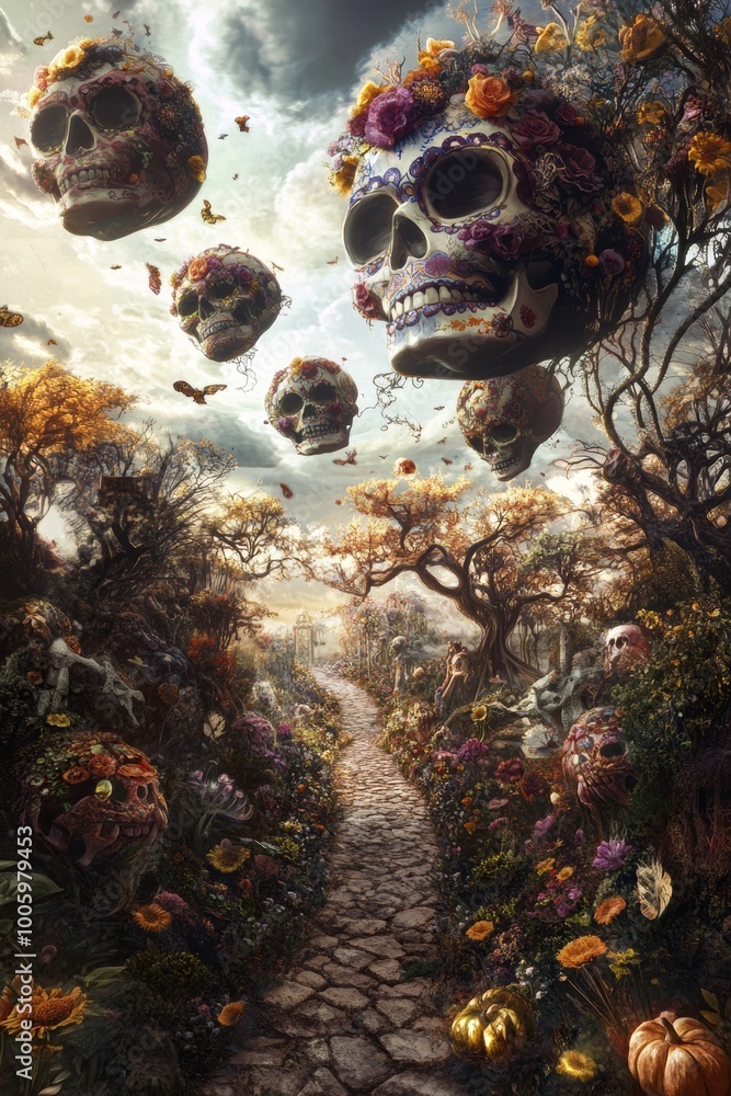 Poster surrealistic day of the dead with bizarre paths and floating sugar skulls.