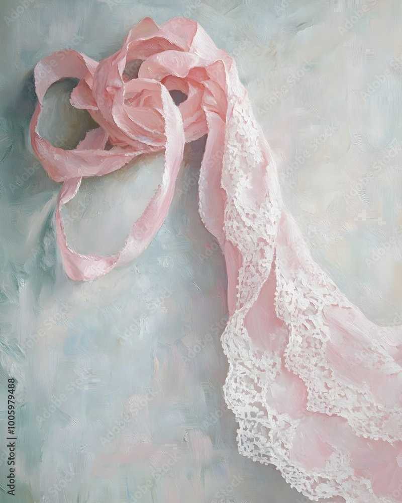Poster delicate pink ribbon intertwined with a lush lace pattern creating a representation of the beauty in