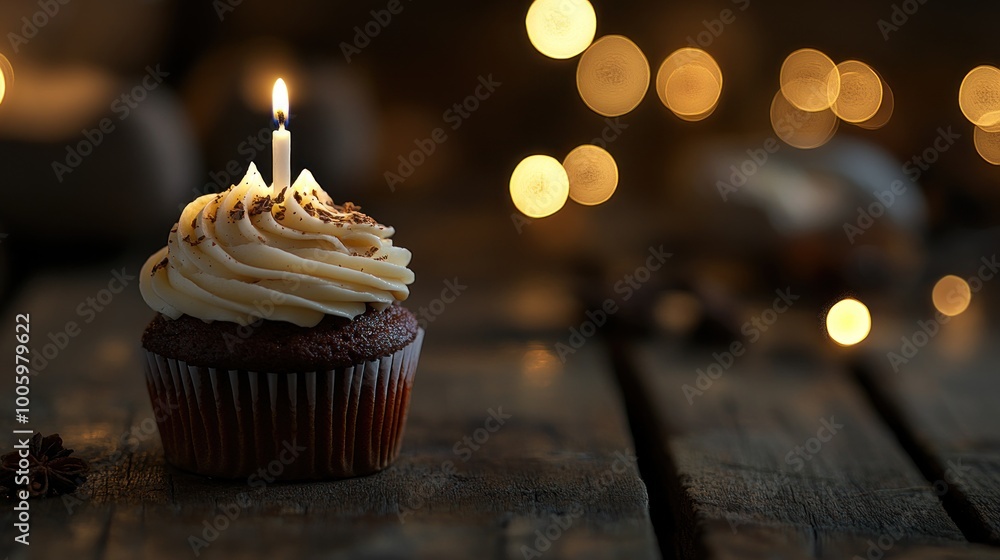 Sticker A chocolate cupcake with frosting and a candle, set against a blurred, warm-lit background.