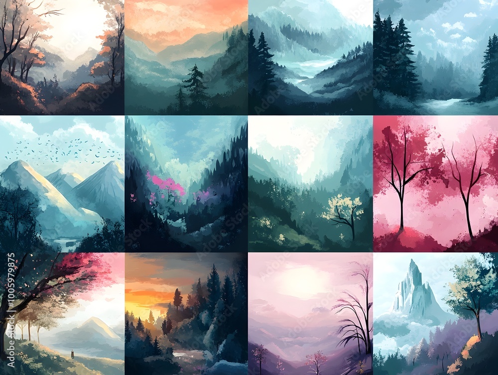 Poster impressionistic abstract landscape showcasing a serene natural setting with dynamic shapes tactile m