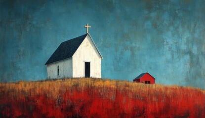 White chapel with cross atop a hill against a red field and blue sky.