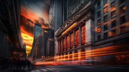 A vibrant cityscape at sunset, showcasing architectural beauty and dynamic movement.