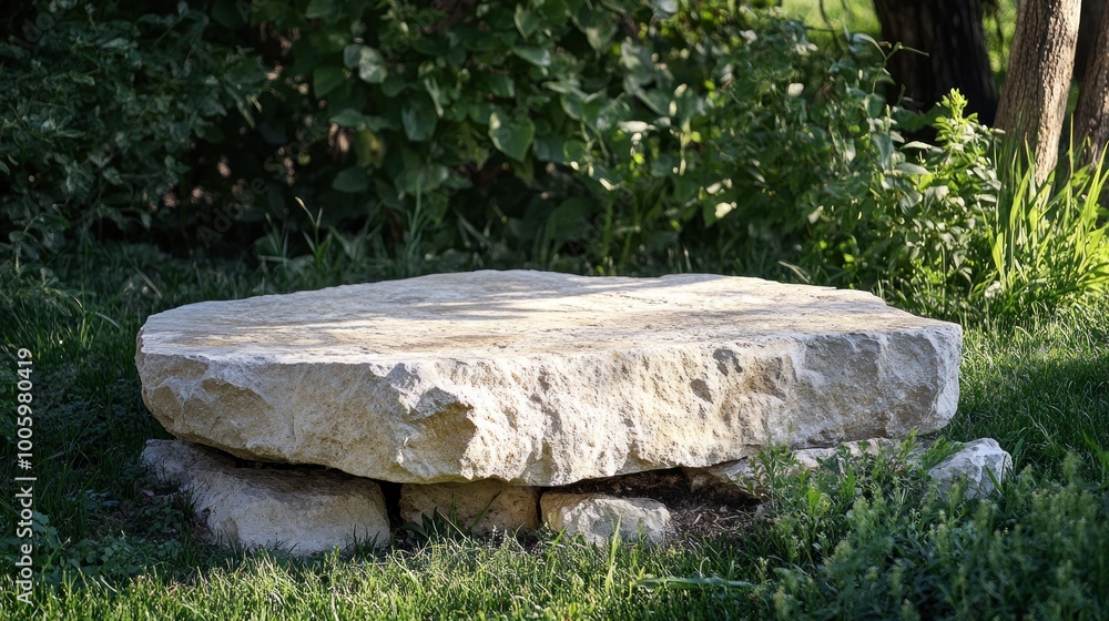 Canvas Prints A large flat stone resting on smaller rocks in a grassy area, surrounded by greenery.