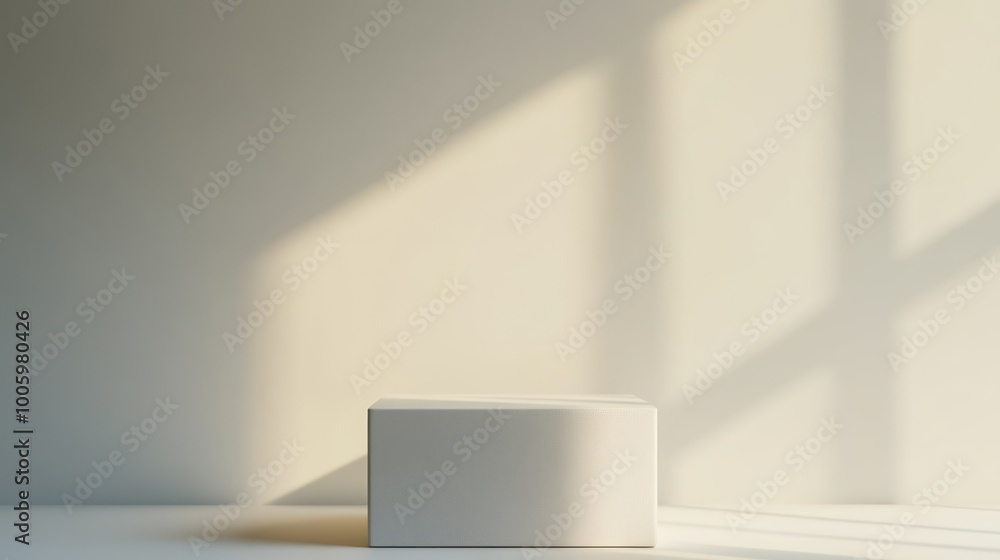Poster a minimalist scene featuring a plain box on a surface with soft shadows and light.