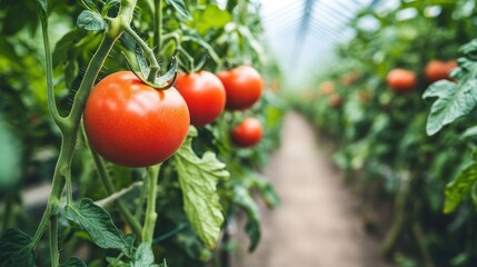 Ripe tomatoes growing in a greenhouse, showcasing vibrant colors and healthy plants.