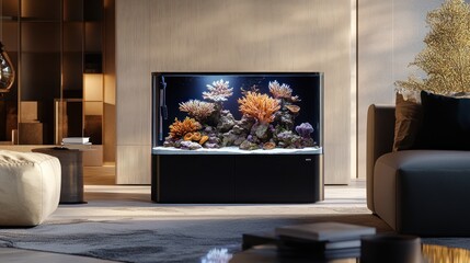 A modern aquarium featuring vibrant corals and aquatic life in a stylish living room setting.