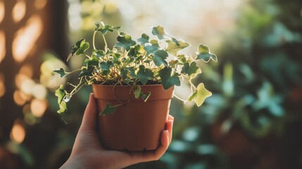 A hand holds a potted ivy plant, illuminated by soft sunlight in a lush environment.