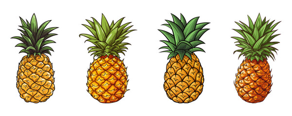 Fototapeta premium Vector illustration of four pineapples with varying colors and detailed green crowns, isolated on a white background. Generative AI.