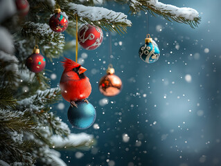 Festive Red Cardinal Hanging from Christmas Ornament