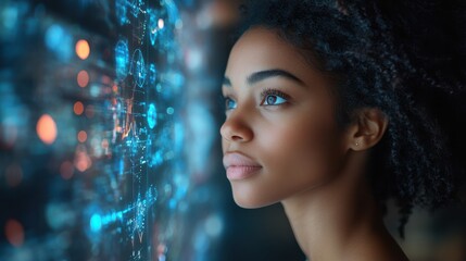Focused woman with glasses analyzing glowing futuristic screens. Data science, technology innovation, and artificial intelligence in modern business and scientific research.