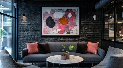 Modern Living Room Interior with Brick Wall, Abstract Art and Stylish Furniture