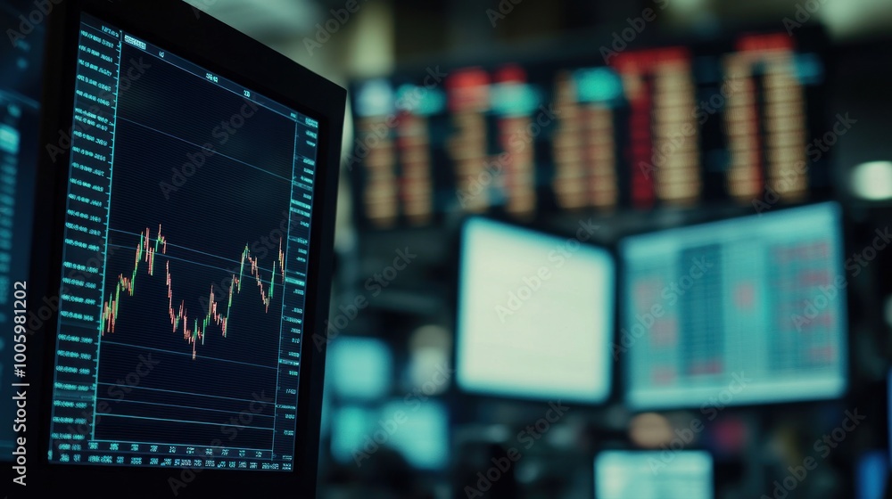 Poster a close-up of a stock market monitor displaying financial data and graphs.