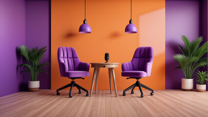 Bright podcast studio with purple chairs, wooden table, orange accent wall, and indoor plants. Perfect setting for creative interviews or content creation.
