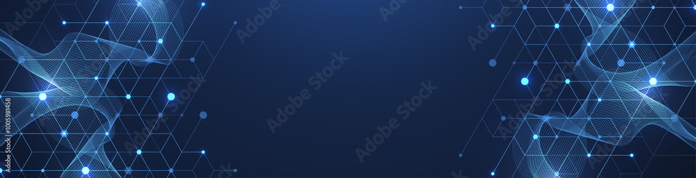 Fototapete Modern technology illustration with square grid. Technology banner template cubes texture. Digital geometric abstraction with lines and dots