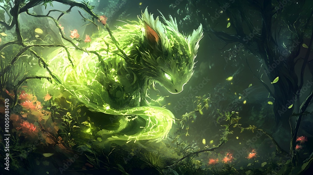 Poster glowing pixiu creature enveloped in mystical vines and colorful flowers depicted in an enchanted for