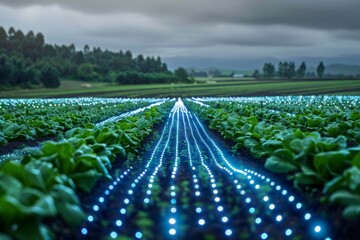 Illuminated rows of crops shine under moody skies in a vibrant farm landscape at dusk, showcasing modern agricultural innovation. Generative AI
