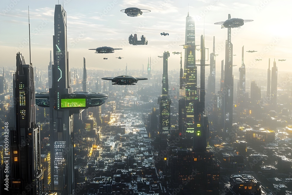 Poster a sprawling high tech cityscape of the future featuring soaring skyscrapers with streamlined aerodyn