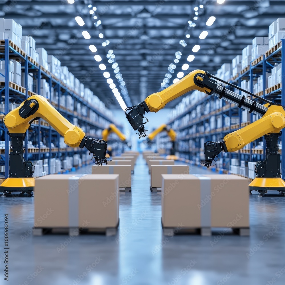 Poster a warehouse with robotic arms efficiently sorting packages by destination.