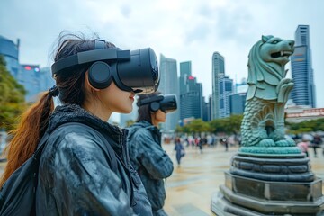 Person Using Augmented Reality Glasses to Explore Smart City s Landmarks and Attractions