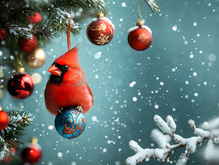 Festive Red Cardinal Hanging from Christmas Ornament