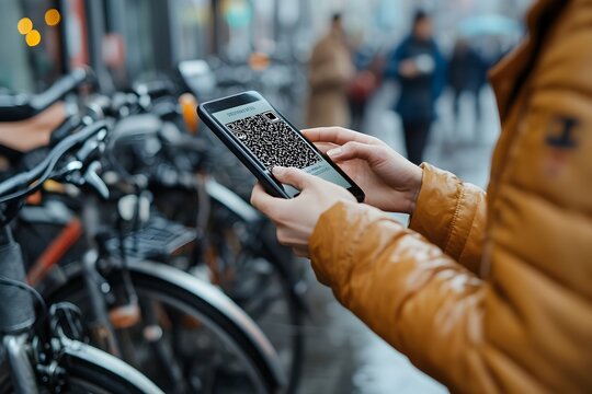 Person Scanning QR Code to Access Shared Bicycles in Modern Urban Setting