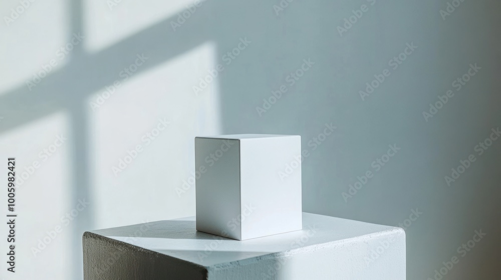 Poster a simple white cube on a pedestal, illuminated by soft light and casting shadows.