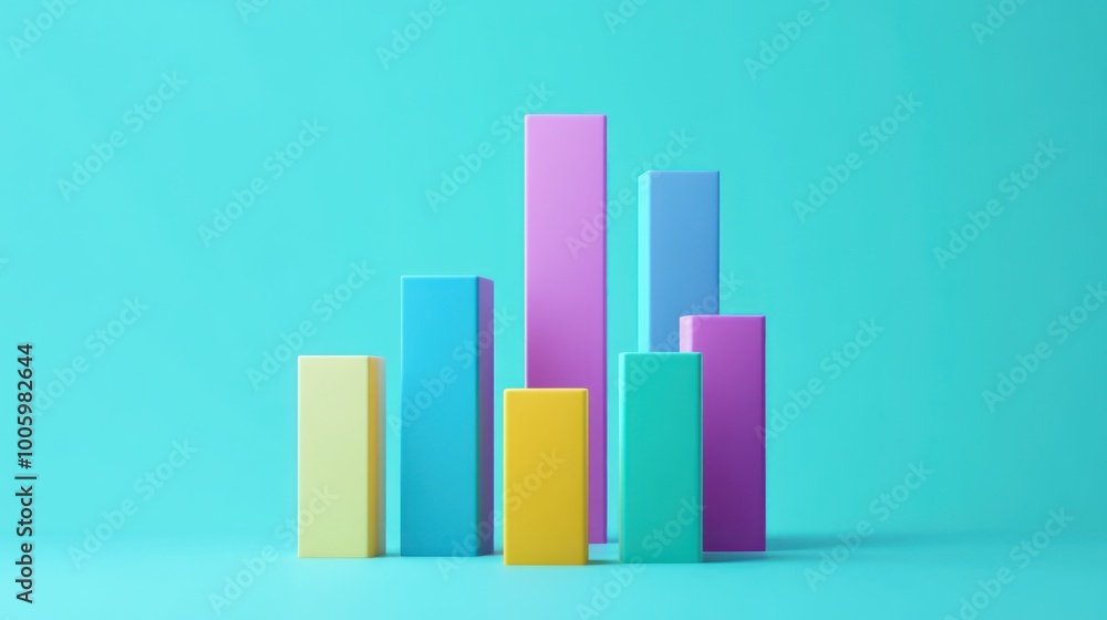 Poster colorful bar graph on a turquoise background, representing data visualization.