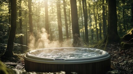 A serene hot tub in a misty forest, inviting relaxation and tranquility.
