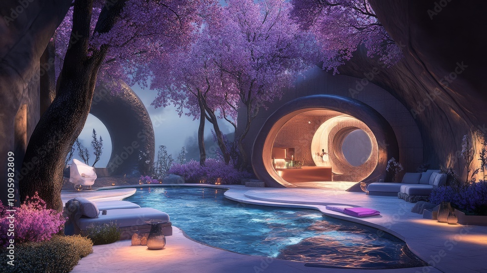 Poster tranquil spa setting with a surreal and imaginative design.