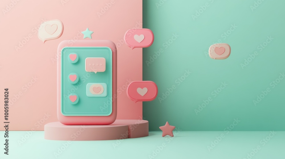Poster a playful 3d representation of a smartphone with chat bubbles, emphasizing communication.