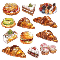 Assortment of traditional French pastries and cakes, including croissants and éclairs, against a clean white background.