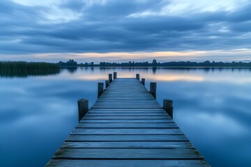 Fototapeta premium A tranquil lakeside landscape with a wooden jetty and a mirrored reflection of the soft pastel hued sky showcasing an atmospheric and soothing composition with a textured